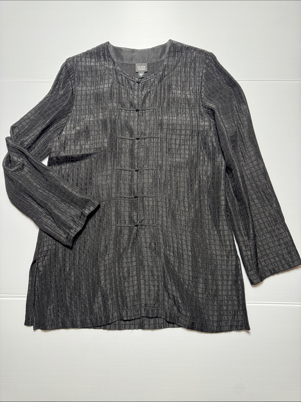 EILEEN FISHER Charcoal Black Textured Frog-Knot Mandarin-Style Shirt Jacket SM